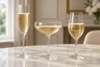 Trois verres de champagne comparant une flûte, une coupe et un verre tulipe sur une table élégante.