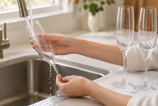 Mains rinçant délicatement une flûte à champagne sous un filet d’eau tiède, près de verres propres posés sur un linge en lin.