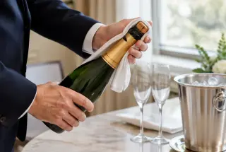 Mains ouvrant prudemment une bouteille de champagne inclinée en maintenant le bouchon avec un torchon.