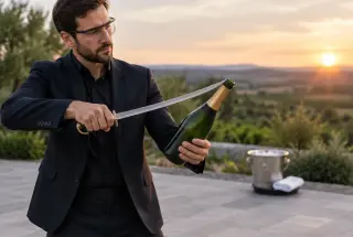 Adulte équipé de lunettes de protection réalisant prudemment un sabrage de champagne en extérieur, bouteille inclinée et sabre longeant sa couture.